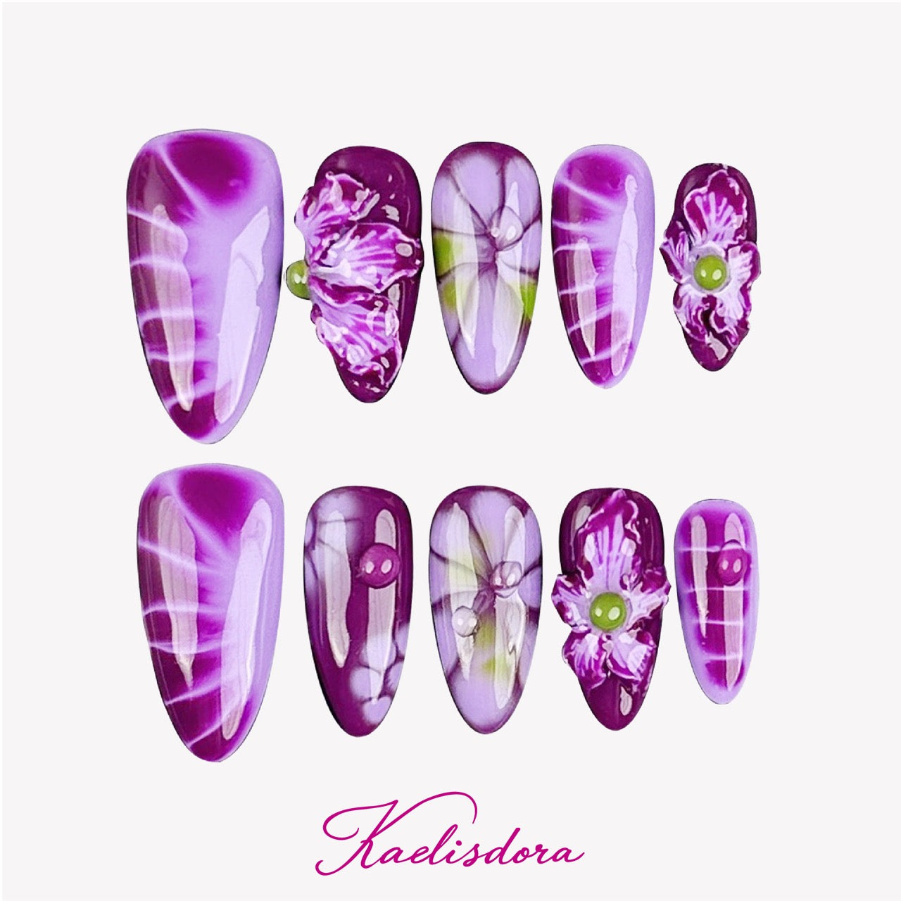 Lavender Mirage floral almond press-on nails with purple gradient colors and 3D handmade flowers