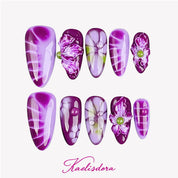 Lavender Mirage floral almond press-on nails with purple gradient colors and 3D handmade flowers