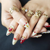 gothic nails, dark feminine nails, red press on nails, ruby nails, almond press on nails, vintage nails, alternative nails, luxury press on nails, pearl nail art, cross nail design, handmade nail art