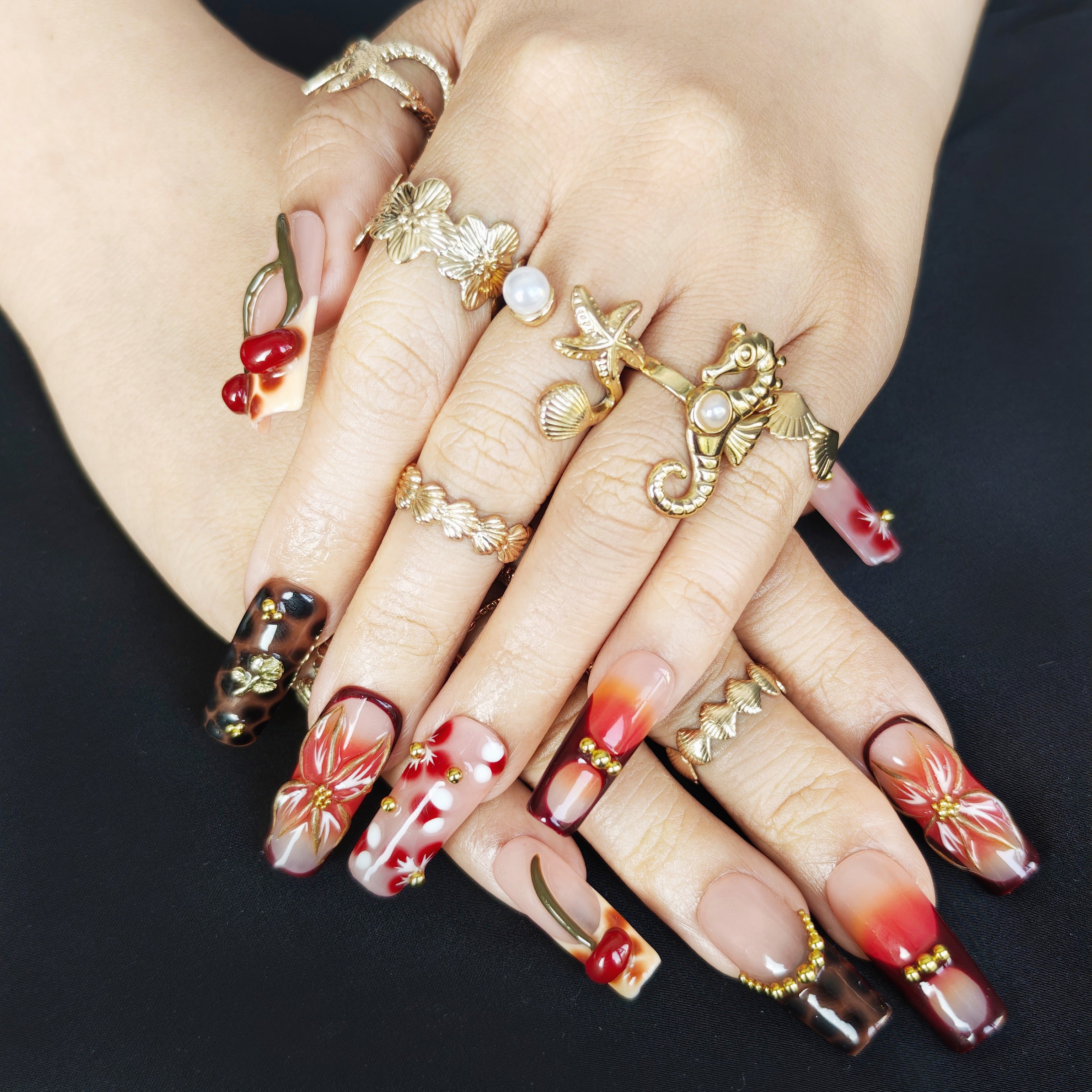 Luxury fall coffin press on nails with cherry and leopard design for autumn outfits