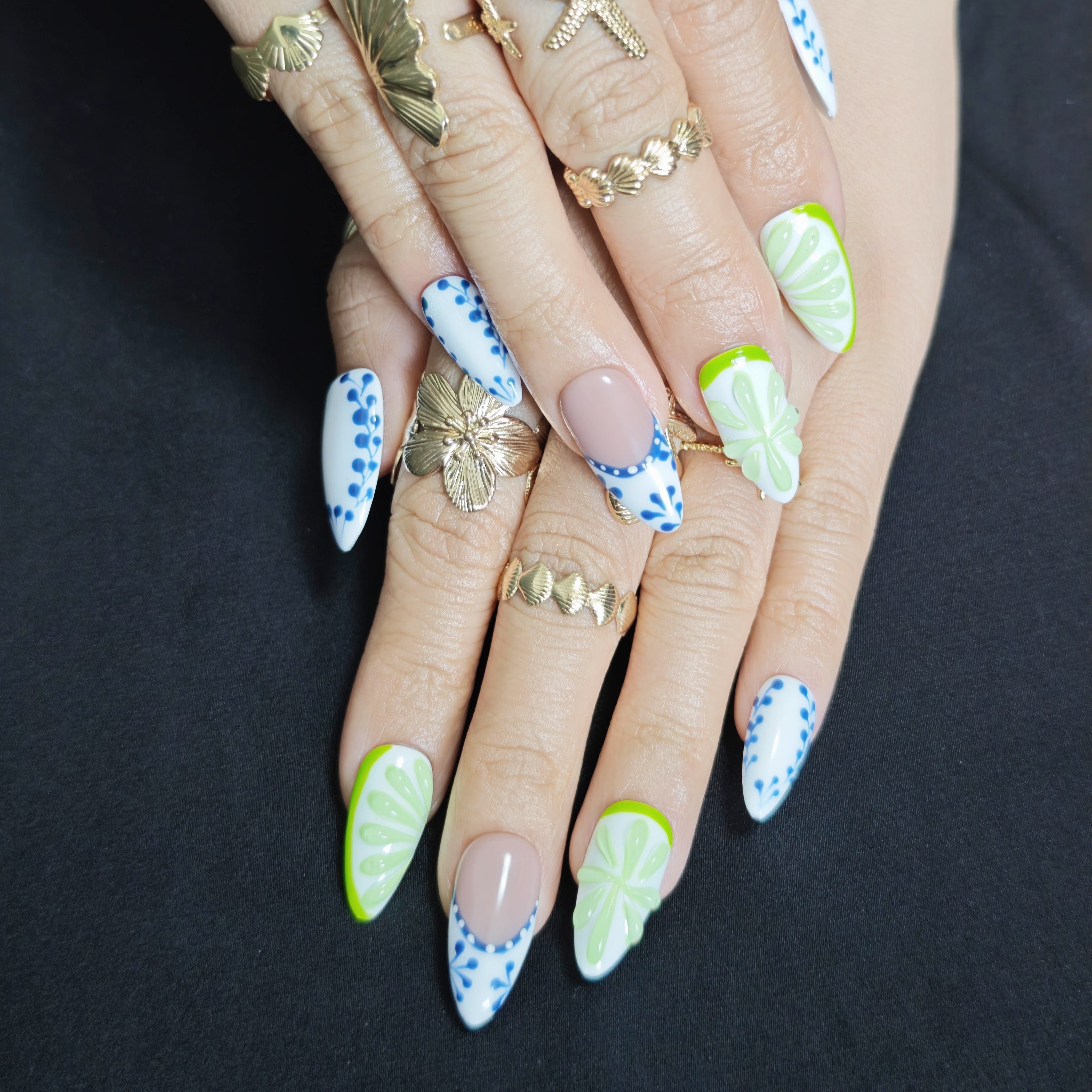 Fresh Mediterranean almond press on nails perfect for summer vacation travel