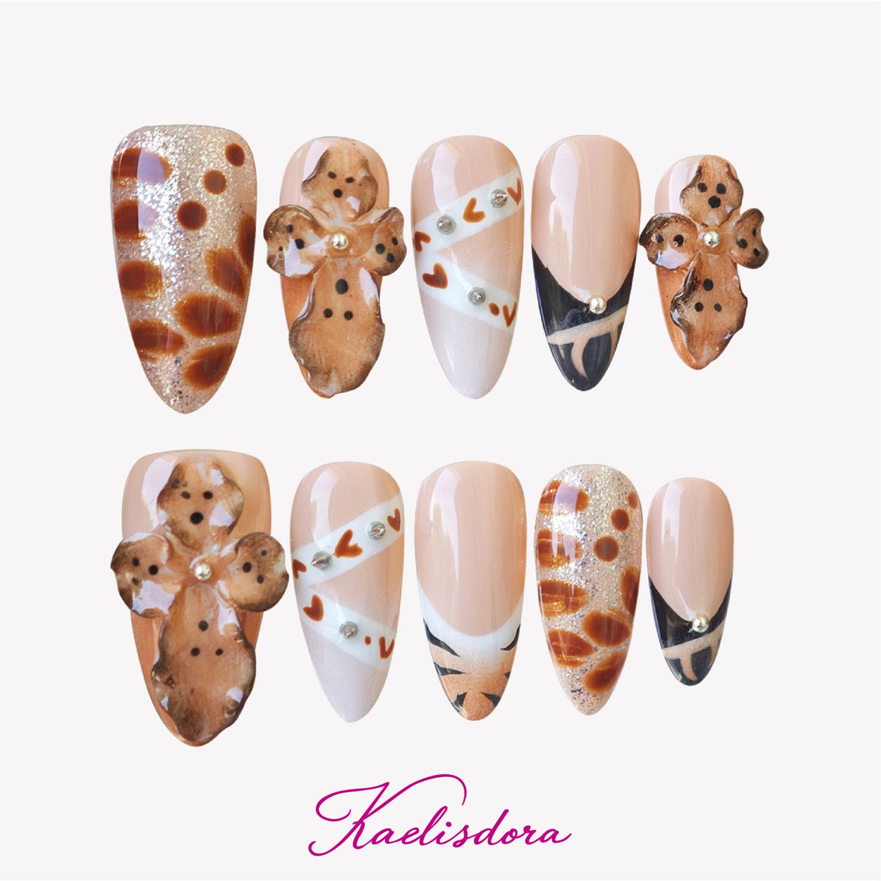 Stud Teddy cute cool almond press-on nails with teddy bear charms brown details and neutral colors