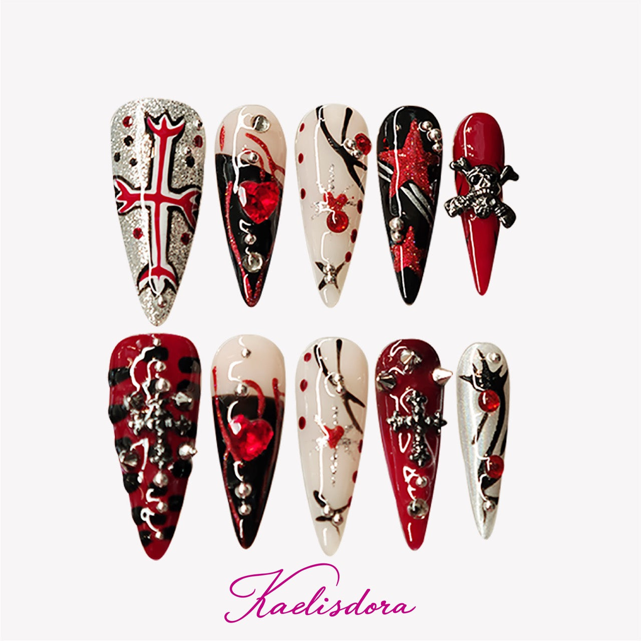 Gothic Heart punk stiletto press-on nails with red hearts silver chains cross details and black accents