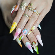 Close up of handcrafted 3D flowers on luxury gel press on nails