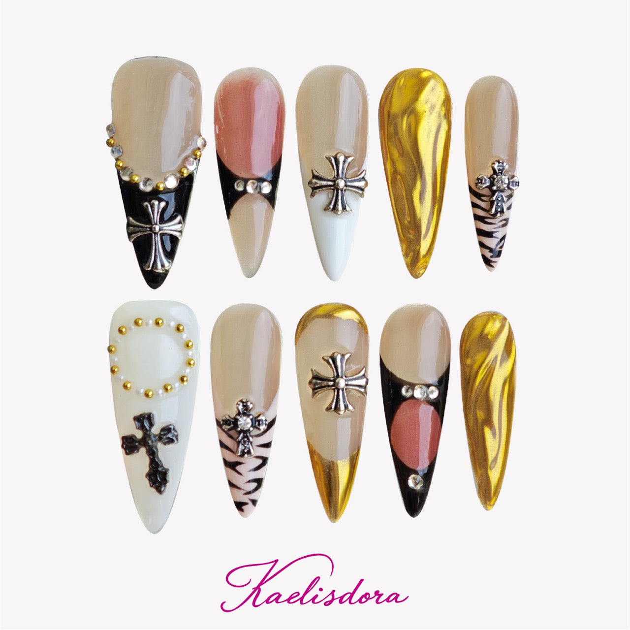 Gold Tide handmade 3D wave stiletto press on nails with black white gold design
