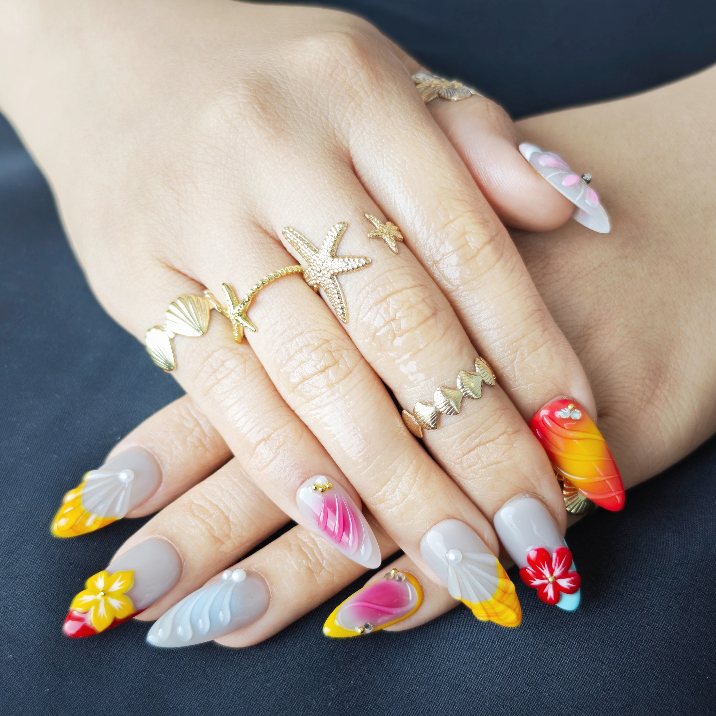 Tropical almond press on nails perfect for beach vacation summer travel style