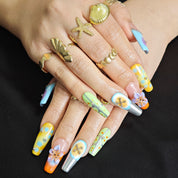 Vacation inspired coffin press on nails perfect for beach trips parties and summer outfits