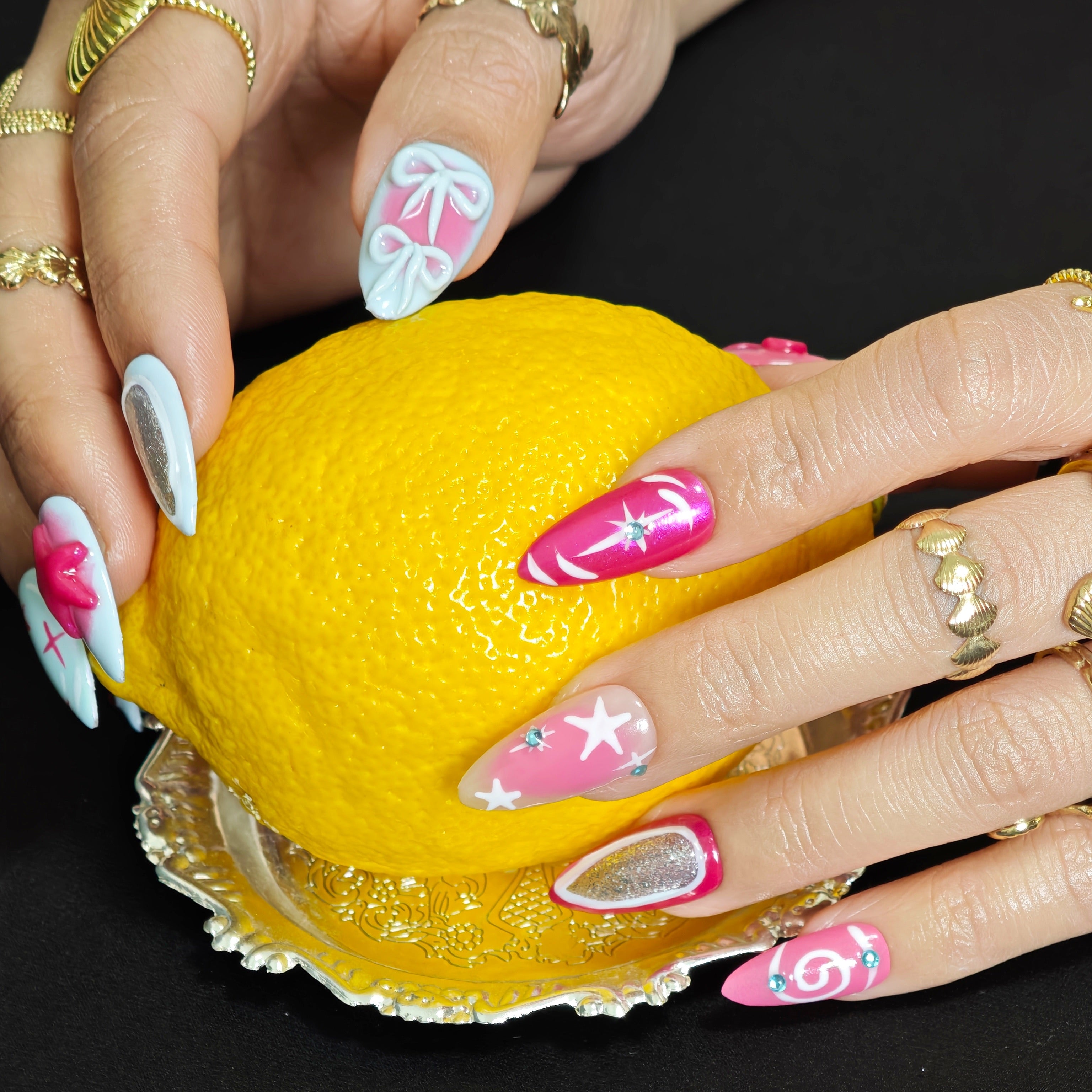Feminine almond press on nails with 3D bows perfect for dates travel and photos