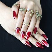 Burgundy gradient almond-shaped press-on nails with fine glitter, elegant luxury style for office, party, and Christmas wear