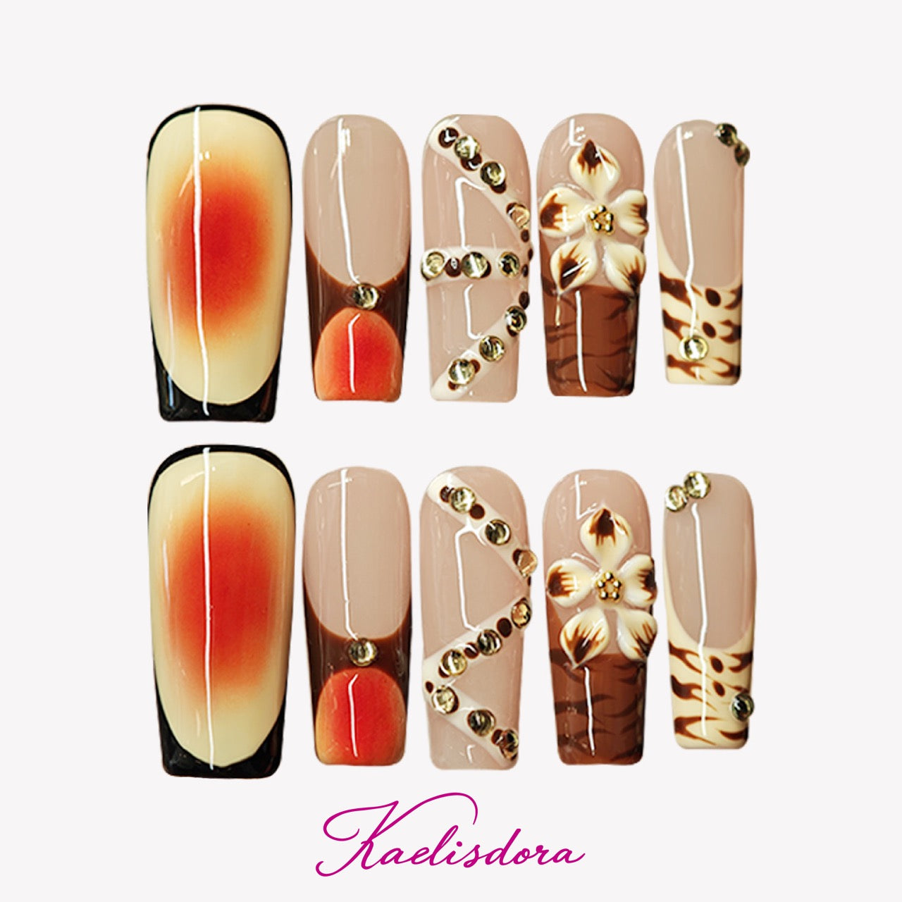 Safari Bloom wild floral long square press-on nails with caramel brown tones leopard pattern and handmade details