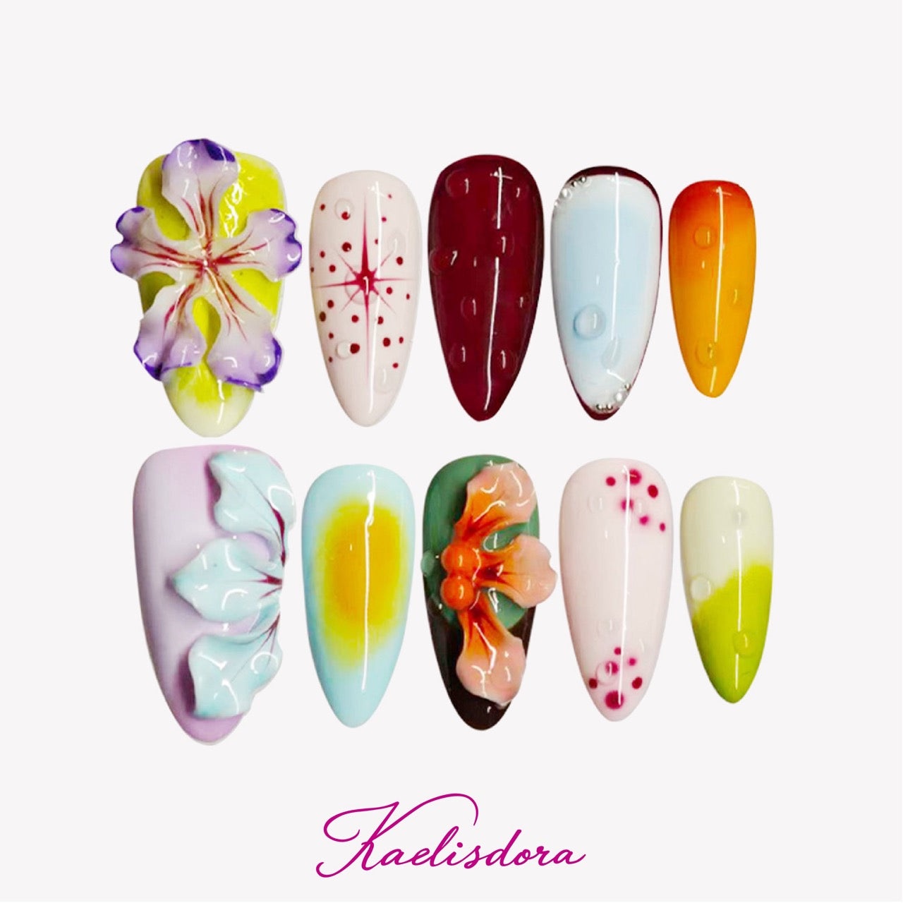Iris Dream handmade 3D floral almond press on nails with purple and blue flower design
