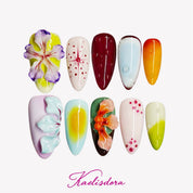 Iris Dream handmade 3D floral almond press on nails with purple and blue flower design
