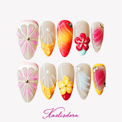 Coral Breeze 3D floral almond press on nails with tropical coral orange design