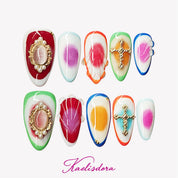 Multicolor almond-shaped press-on nails adorned with cross and sparkling crystal accents for a bold, luxurious look.