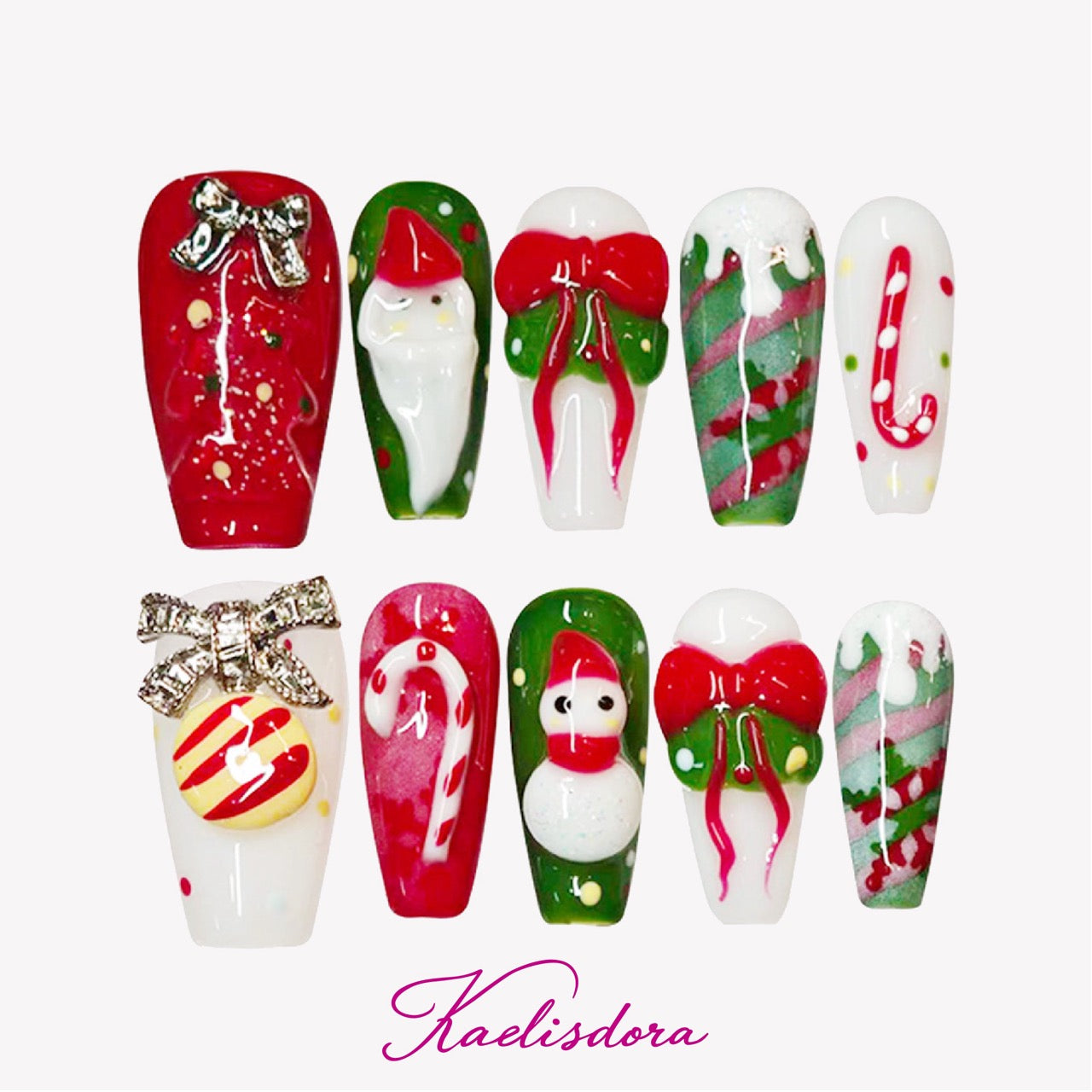 Long square press-on nails with 3D candy, snowman, Santa, and bow decorations in red, green, and white for festive Christmas look.