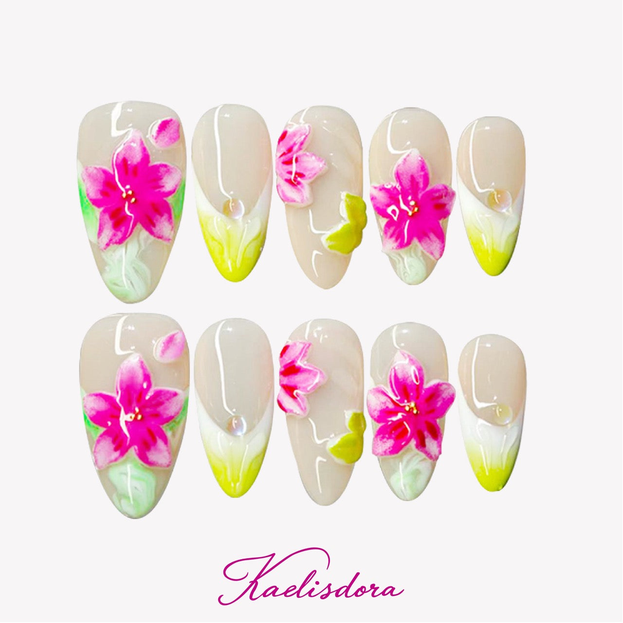 Island Bloom tropical floral almond press-on nails with pink flowers and green French tips