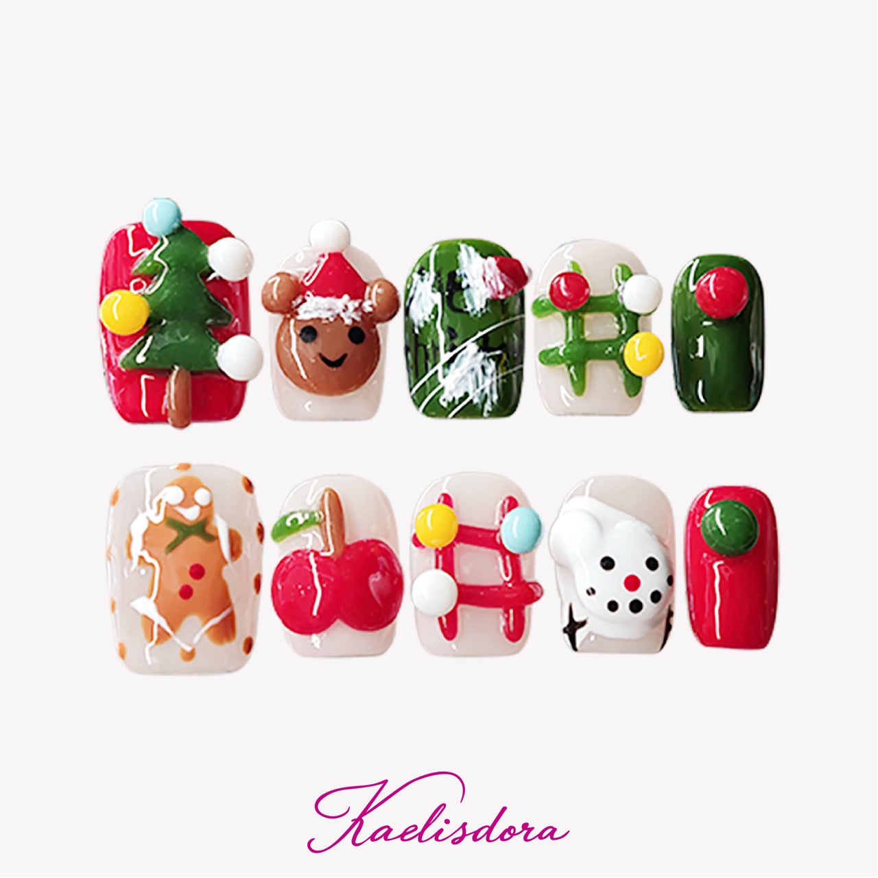 Cute short square Christmas press-on nails with colorful 3D gingerbread, Christmas tree, apple, and bear designs, office-friendly style