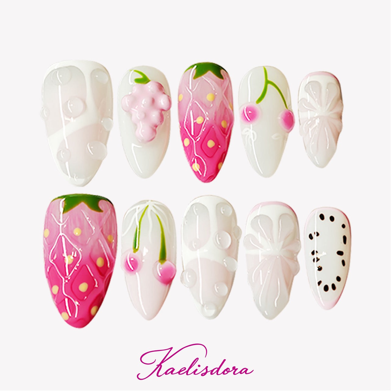Fruit Bliss handmade 3D fruit almond press on nails with strawberry cherry and orange design