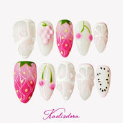 Fruit Bliss handmade 3D fruit almond press on nails with strawberry cherry and orange design