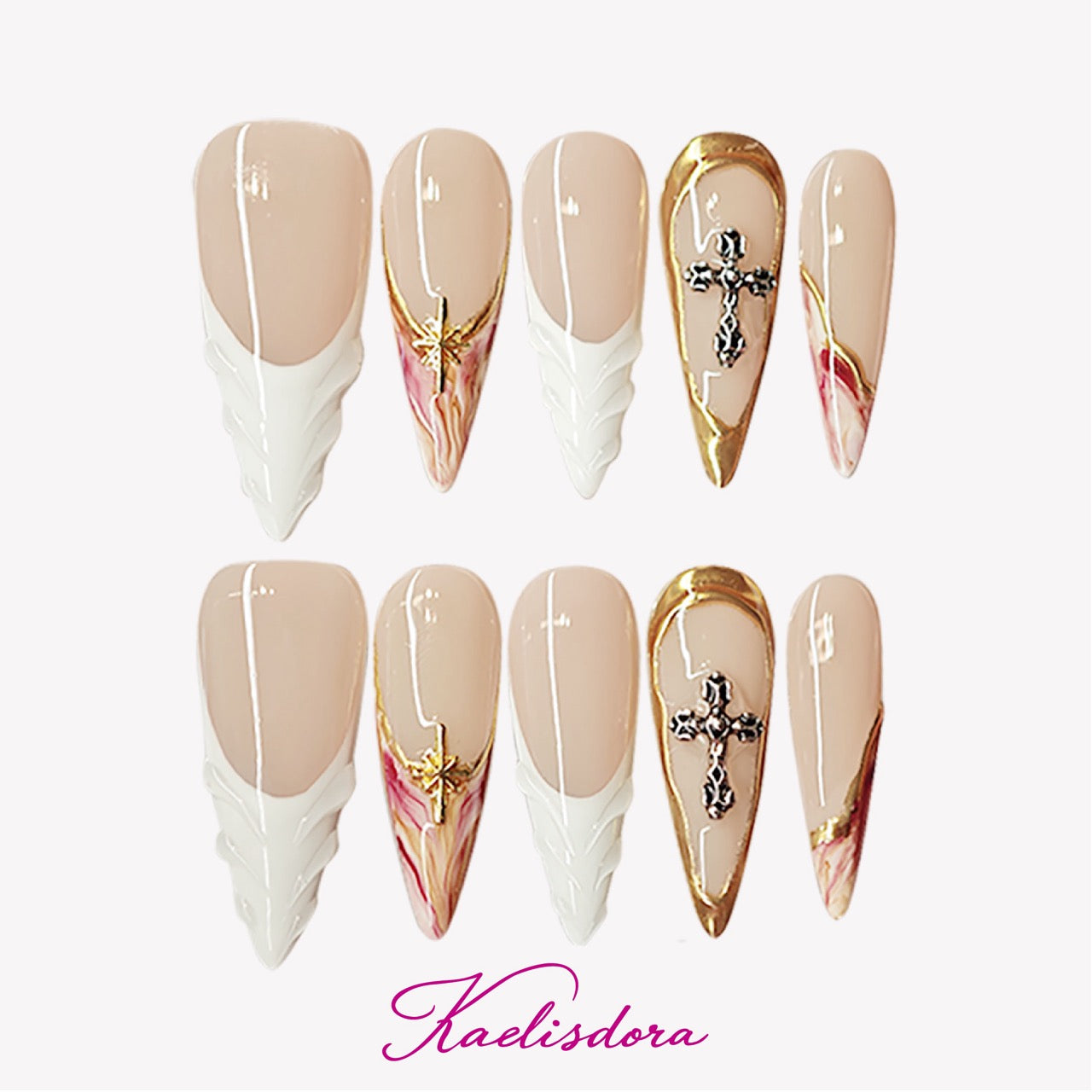 Divine Gold 3D stiletto press-on nails featuring nude base, gold metallic accents, embossed details, and luxury vintage nail art design