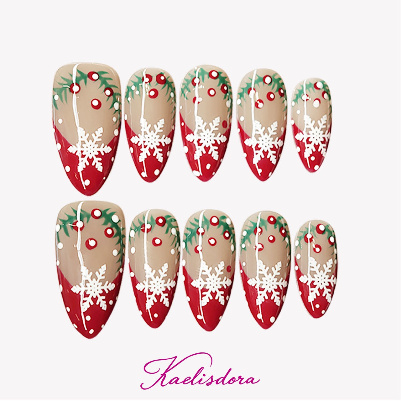 Christmas-themed almond press-on nails with delicate snowflake designs for a festive winter look.