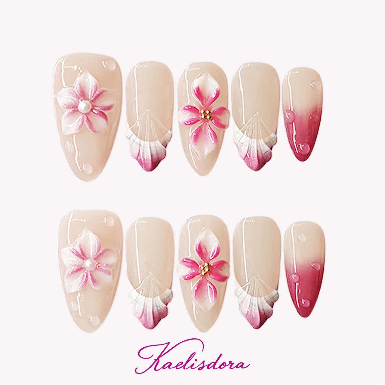 Fairy Pink 3D flower almond press-on nails featuring sheer pink gradient design, handmade floral details, and luxury summer nail art