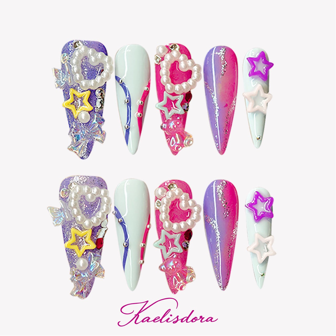 Y2K Candy 3D stiletto press-on nails featuring colorful candy-inspired design with handmade charms, glitter details, and luxury nail art