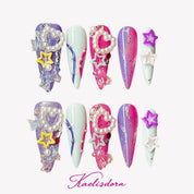 Y2K Candy 3D stiletto press-on nails featuring colorful candy-inspired design with handmade charms, glitter details, and luxury nail art