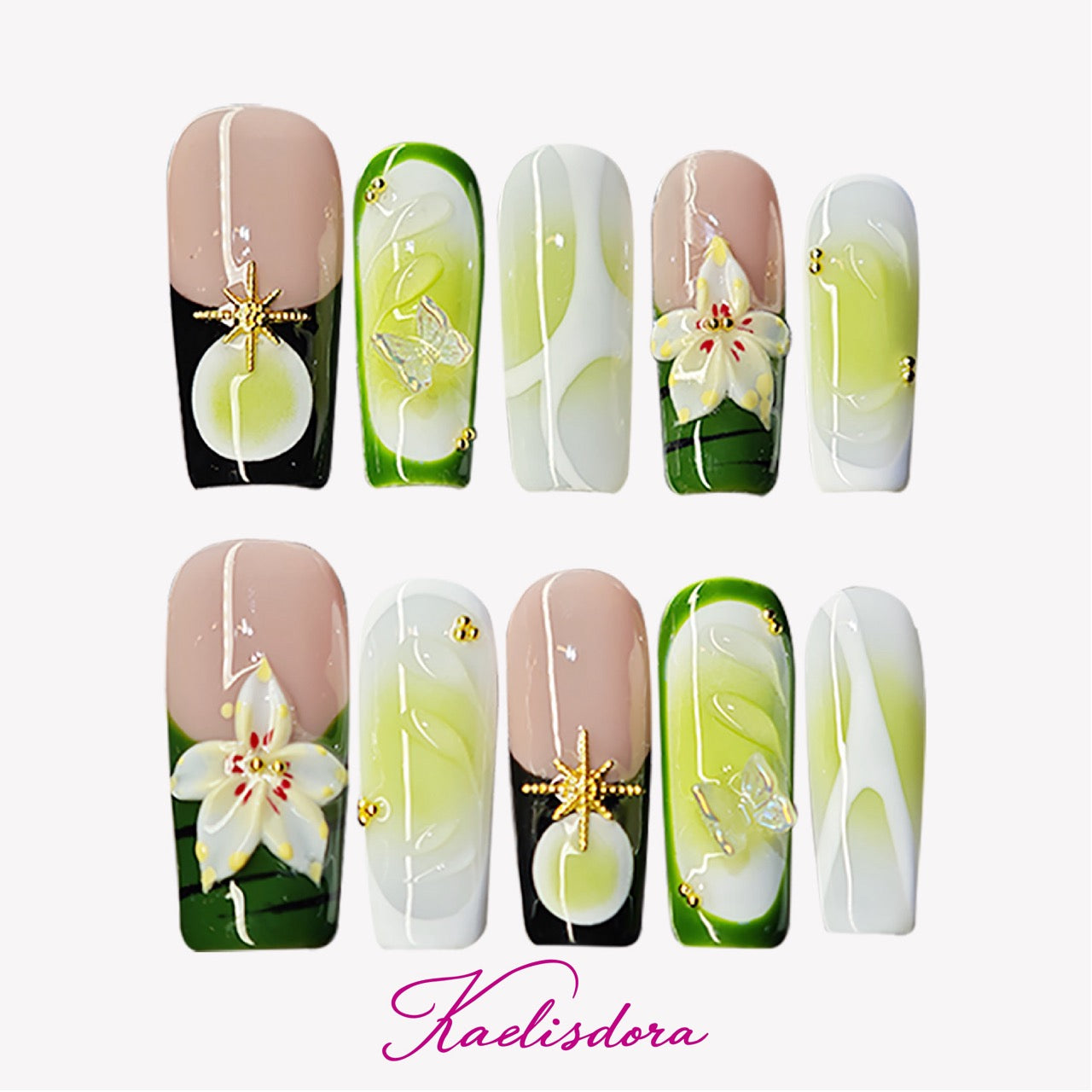 Cool Jungle 3D floral tapered square press-on nails featuring green watercolor design, white lily flowers, butterfly details, and luxury handmade nail art