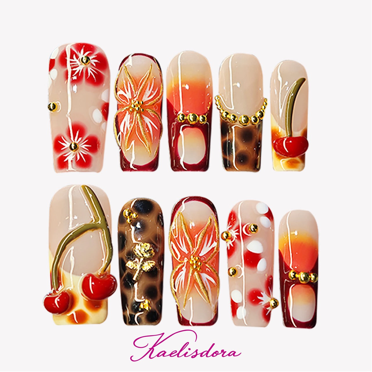 Caramel Cherry handmade 3D cherry coffin press on nails with burgundy caramel leopard design