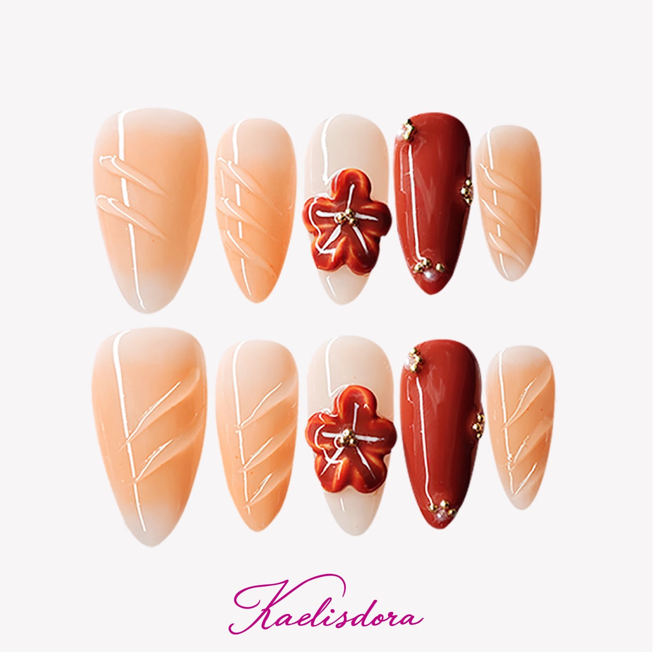 Orange mocha caramel press-on nails with 3D shell-inspired floral sculpture, handmade luxury design with intricate detailing.