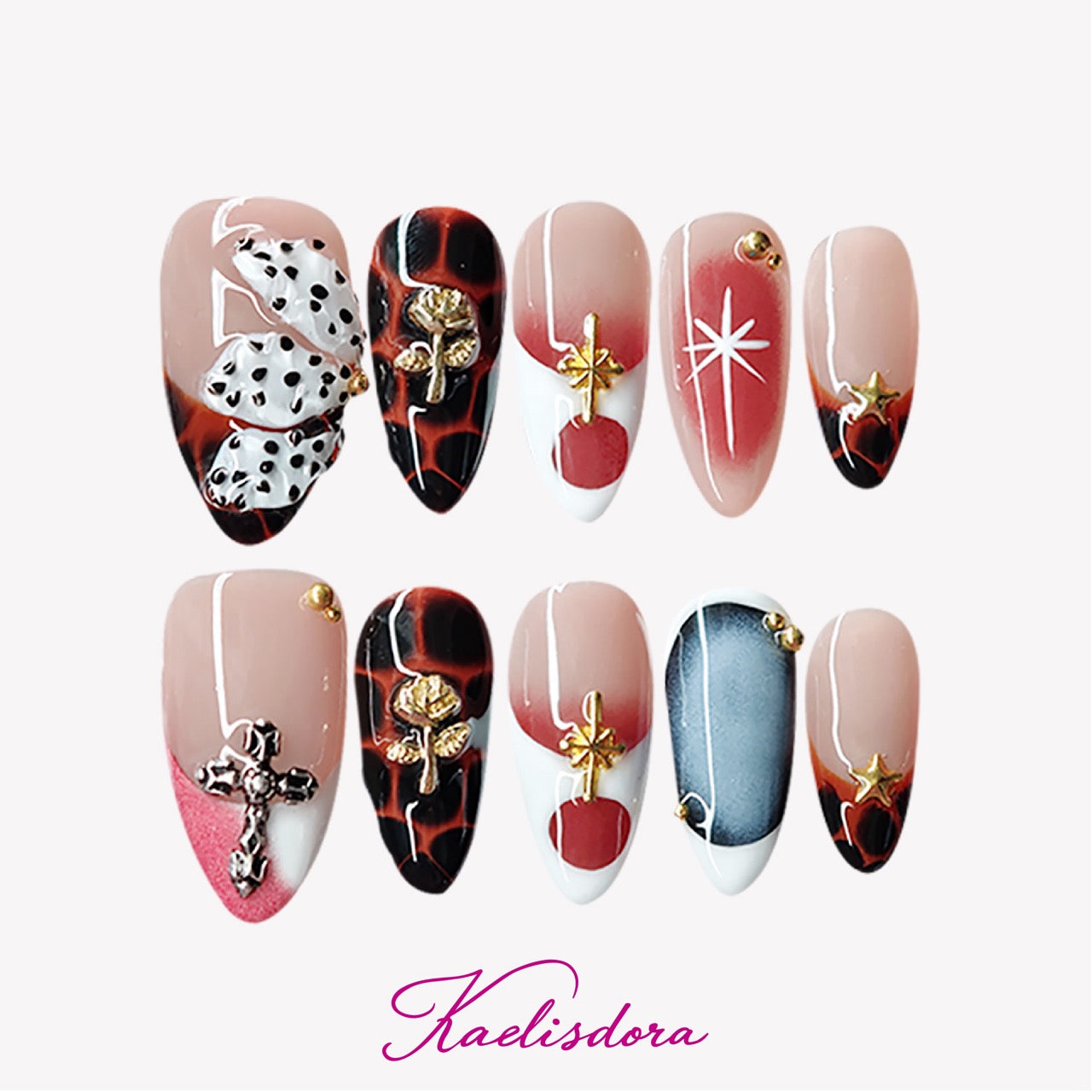 Gold and brown modern minimalist press-on nails with rose-inspired accents, handcrafted for a luxury elegant style.