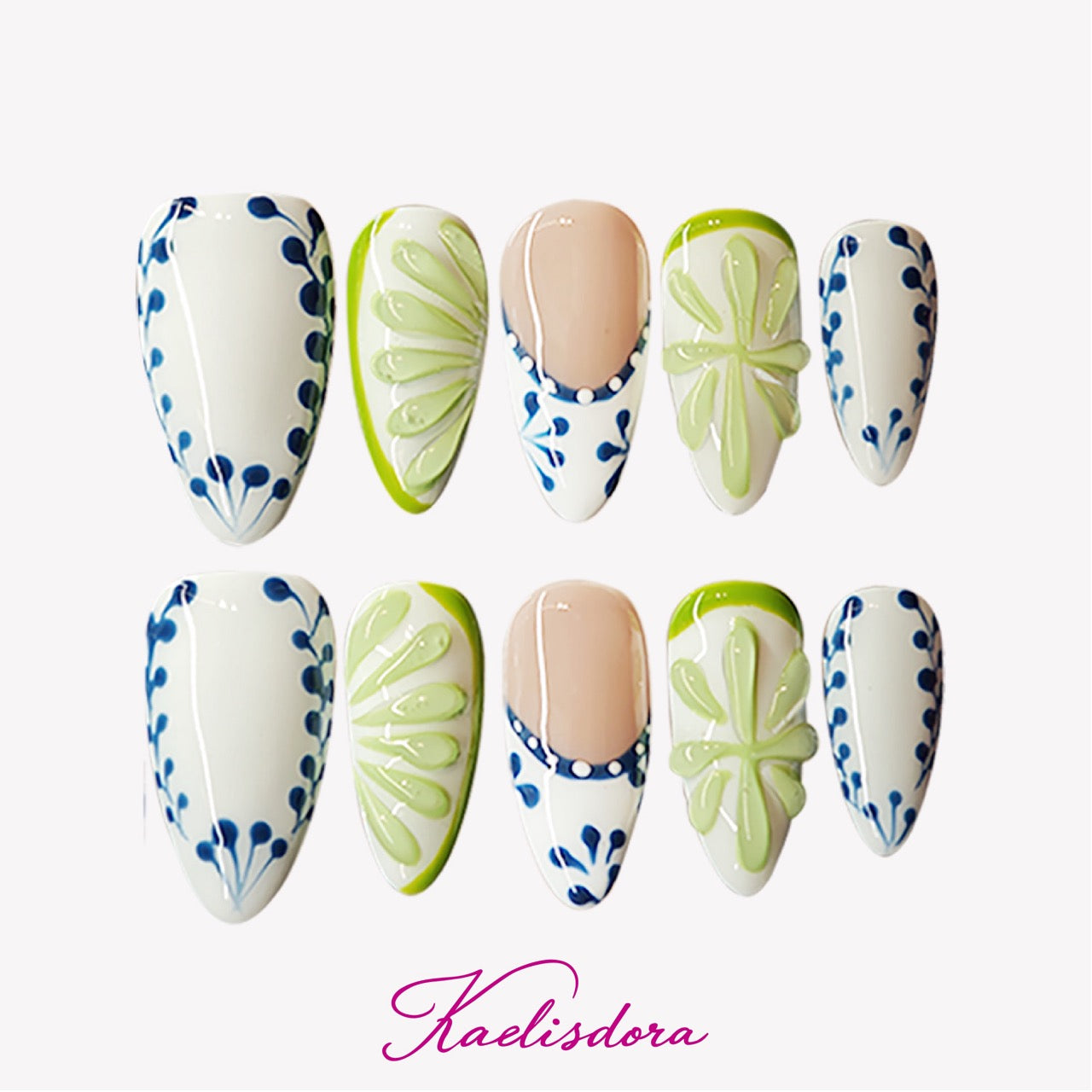 Greek Lime Mediterranean 3D lemon almond press on nails with blue white design