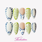 Greek Lime Mediterranean 3D lemon almond press on nails with blue white design