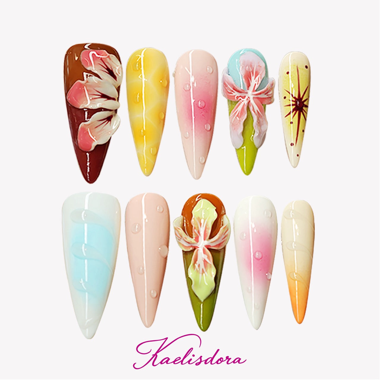 Floral Fantasy handmade 3D floral stiletto press on nails with colorful flower nail art