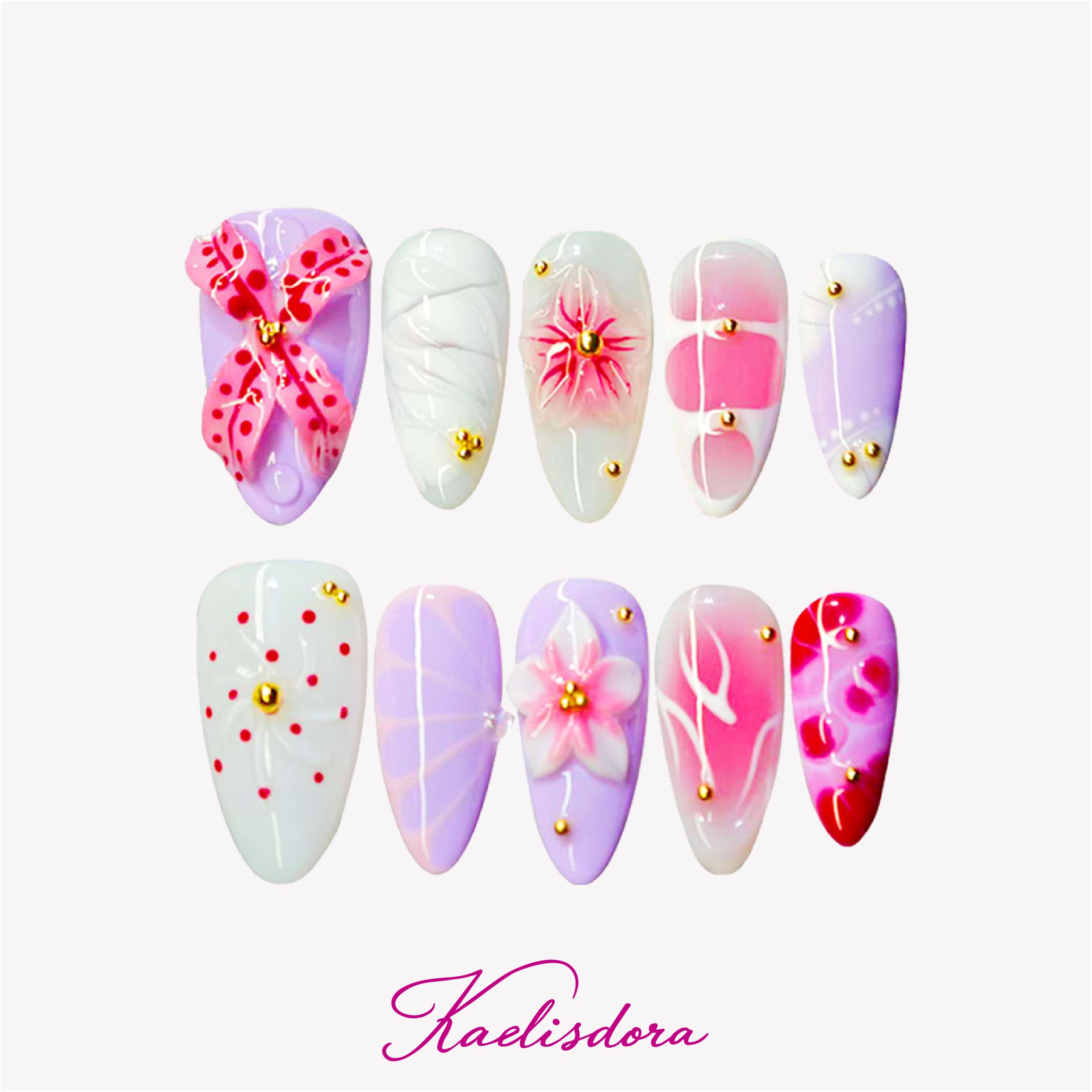 Mauve Mist 3D floral almond press on nails with mauve pink lavender design
