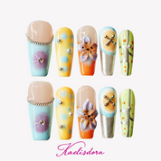 Passion Paradise handmade 3D floral coffin press on nails with colorful summer design