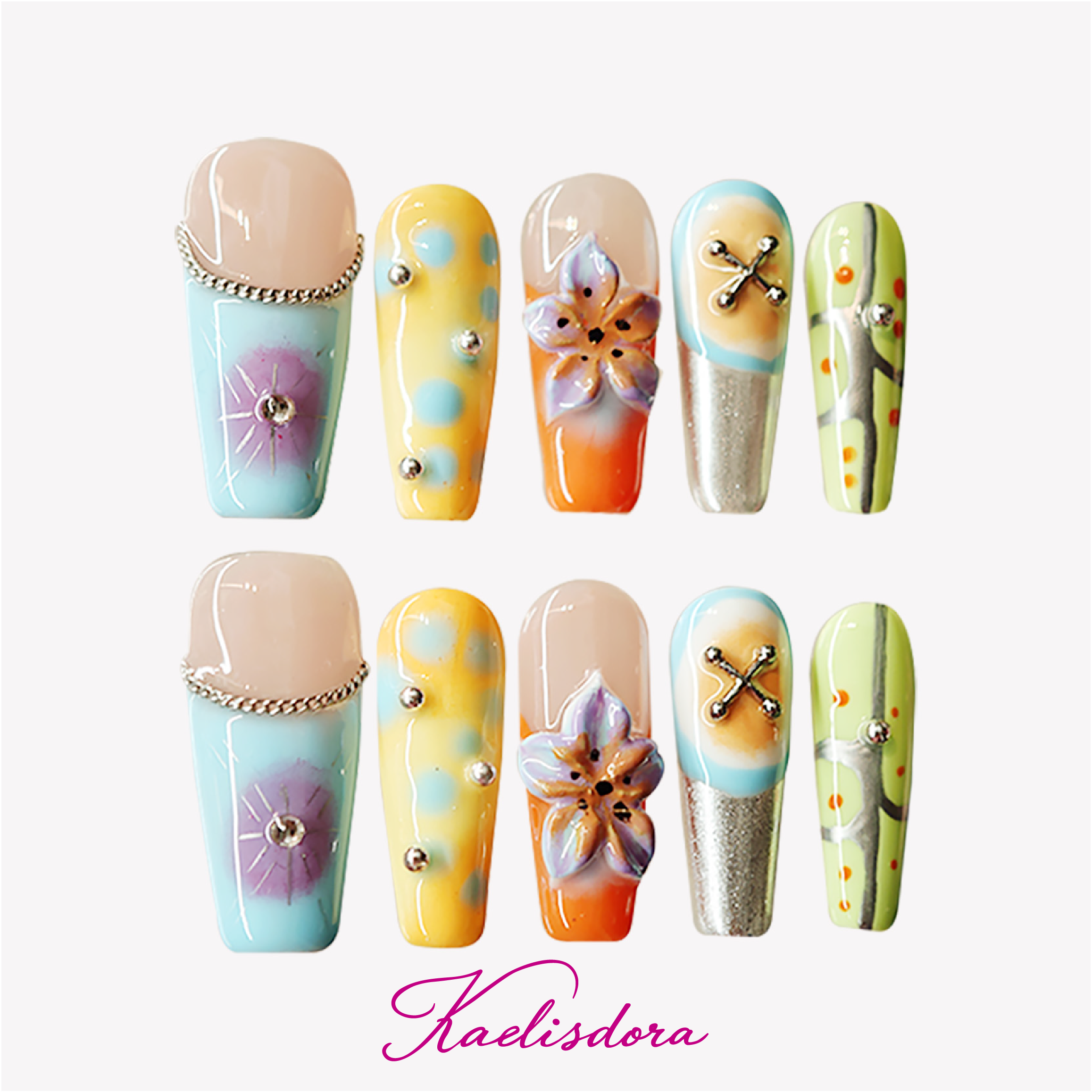 Passion Paradise handmade 3D floral coffin press on nails with colorful summer design