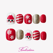 Red and white Christmas-themed short almond press-on nails, practical design for everyday wear, study, and office use