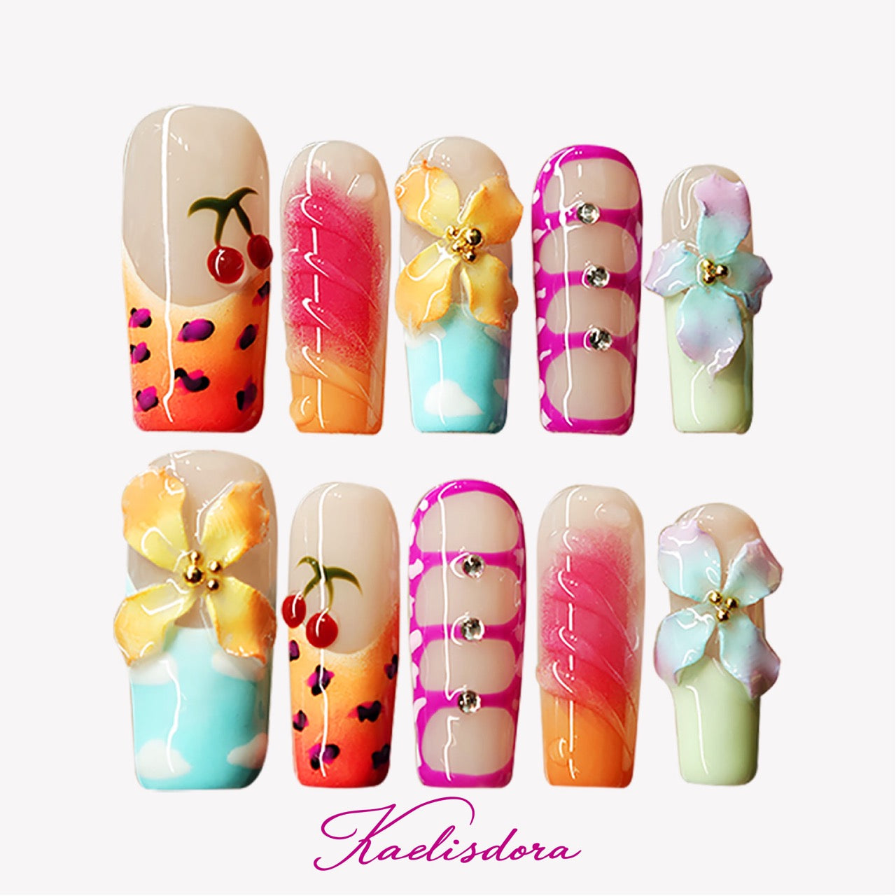 Summer Paradise handmade 3D floral square press on nails with colorful summer nail art