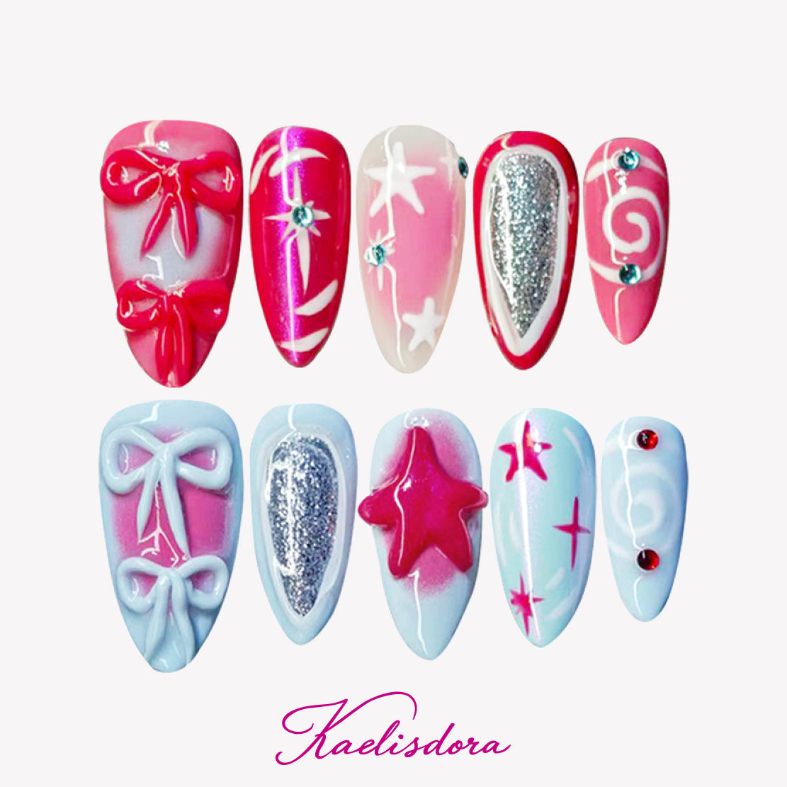 Bow Belle handmade 3D bow almond press on nails with pink blue star design