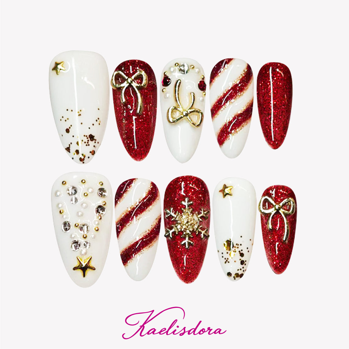 Christmas almond-shaped press-on nails with red and white striped 3D candy-inspired design for a festive holiday look