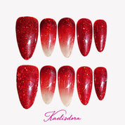 Burgundy gradient almond-shaped press-on nails with fine glitter, elegant luxury style for office, party, and Christmas wear