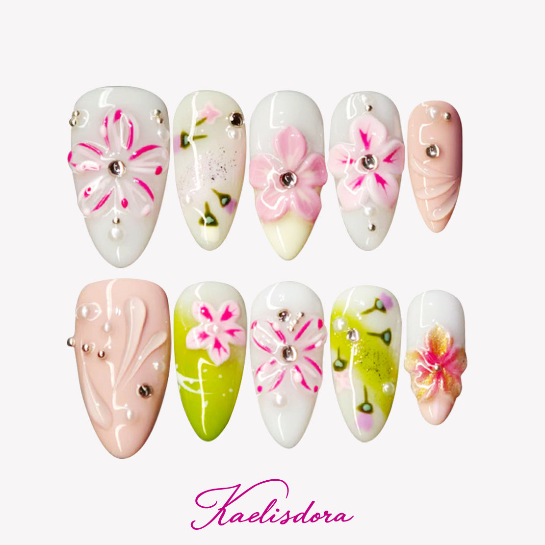 Sakura Spring 3D cherry blossom almond press on nails with pink green design
