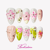 Sakura Spring 3D cherry blossom almond press on nails with pink green design